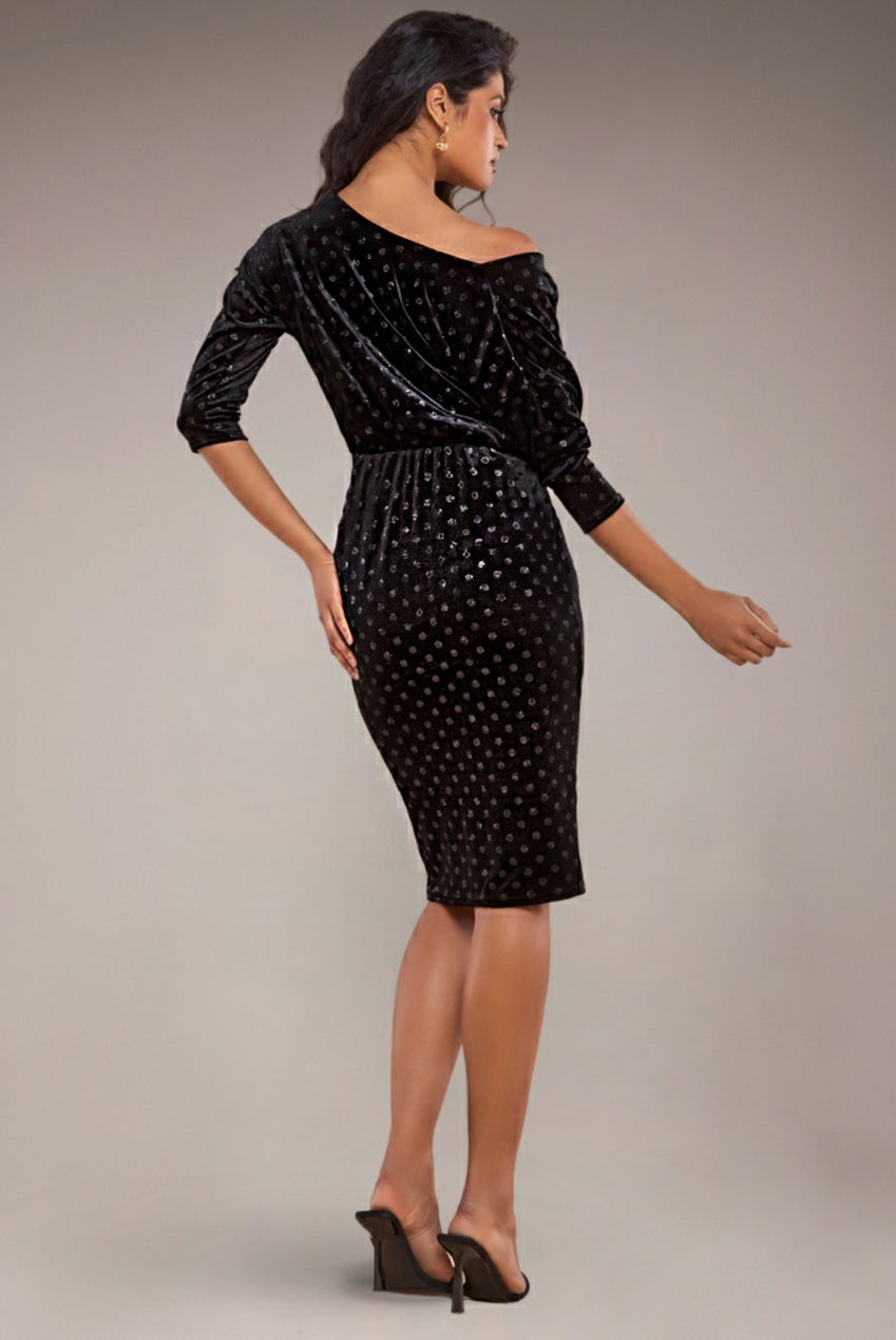 Goddiva Glitter Velvet Cowl Neck Sheath Midi Dress - Black