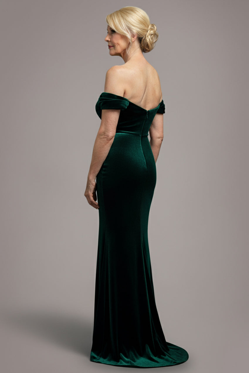 Goddiva Off The Shoulder Deep Plunge Velvet Maxi Dress - Emerald Green