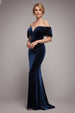 Goddiva Off The Shoulder Deep Plunge Velvet Maxi Dress - Navy Blue