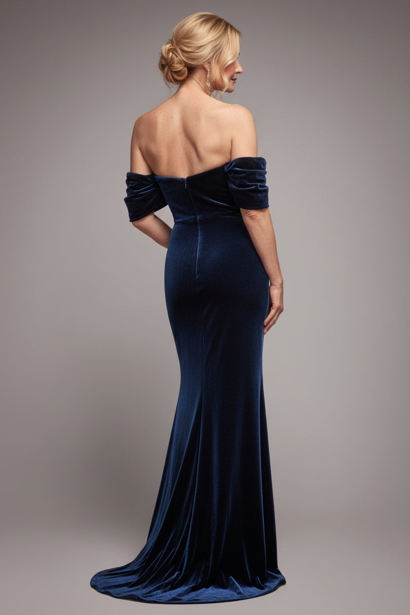 Goddiva Off The Shoulder Deep Plunge Velvet Maxi Dress - Navy Blue