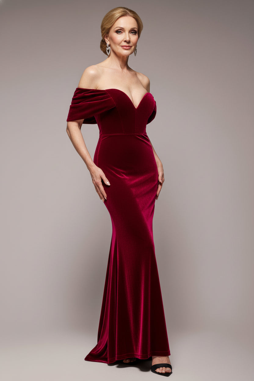 Goddiva Off The Shoulder Deep Plunge Velvet Maxi Dress - Burgundy