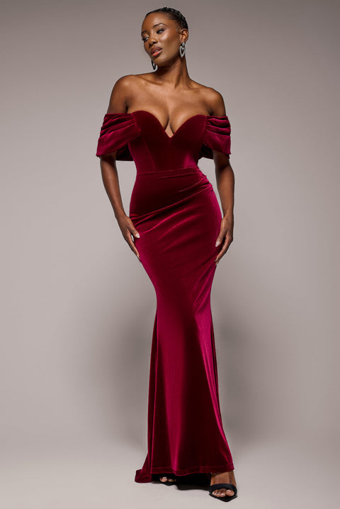 Goddiva Off The Shoulder Deep Plunge Velvet Maxi Dress - Burgundy