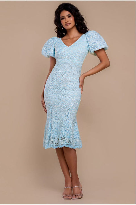 Goddiva Scallop Lace Puff Sleeve Fit & Flare Midi Dress - Sky Blue