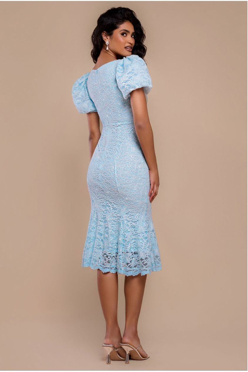 Goddiva Scallop Lace Puff Sleeve Fit & Flare Midi Dress - Sky Blue