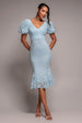 Goddiva Scallop Lace Puff Sleeve Fit & Flare Midi Dress - Sky Blue