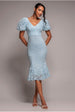 Goddiva Scallop Lace Puff Sleeve Fit & Flare Midi Dress - Sky Blue