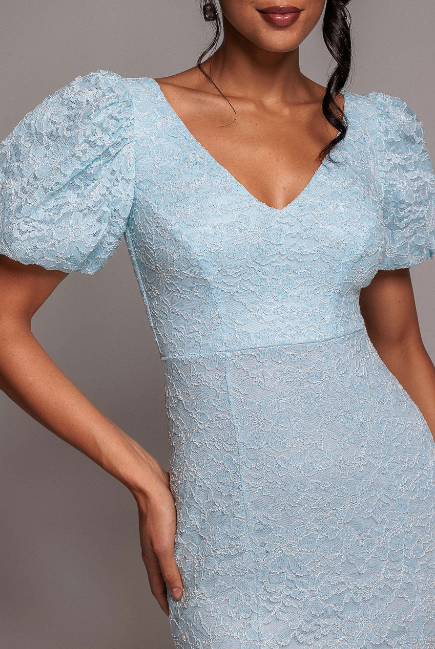 Goddiva Scallop Lace Puff Sleeve Fit & Flare Midi Dress - Sky Blue