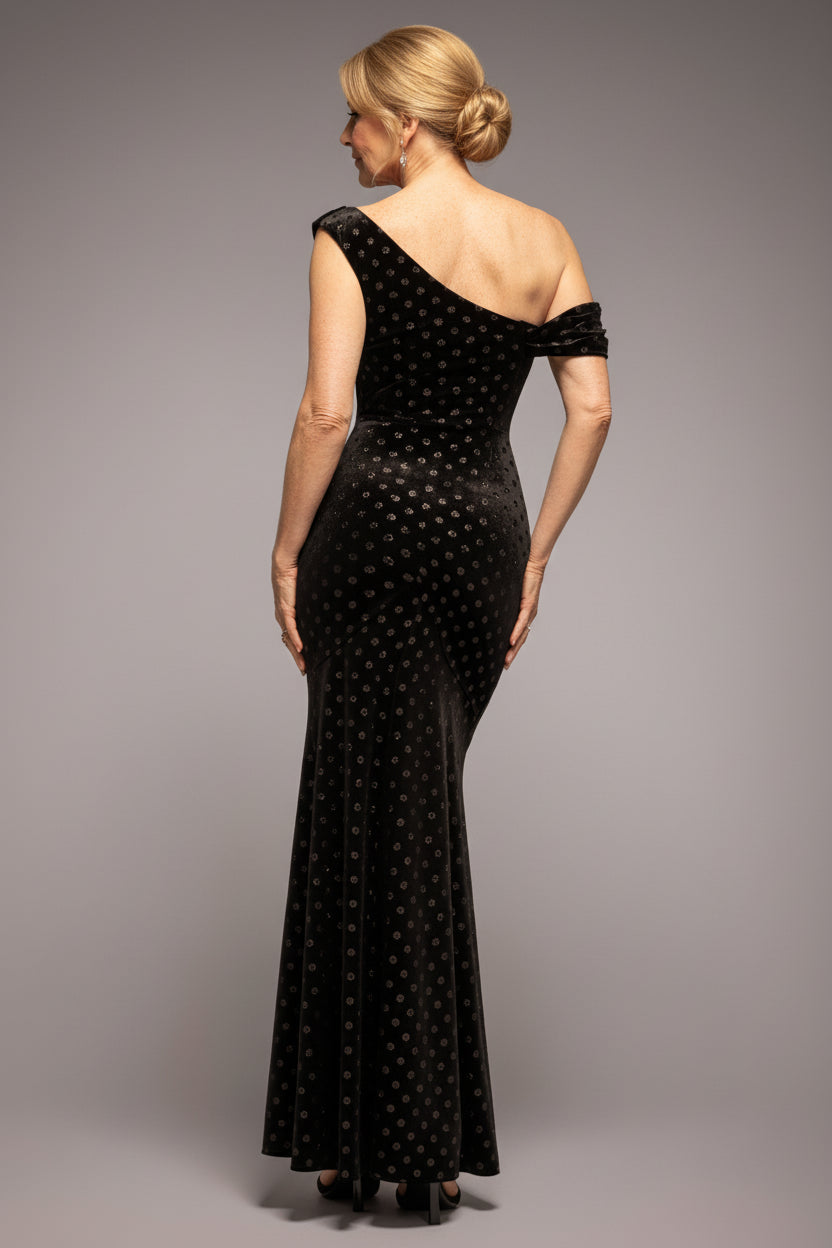 Goddiva Glitter Velvet Cowl Neck Off The Shoulder Maxi Dress - Black
