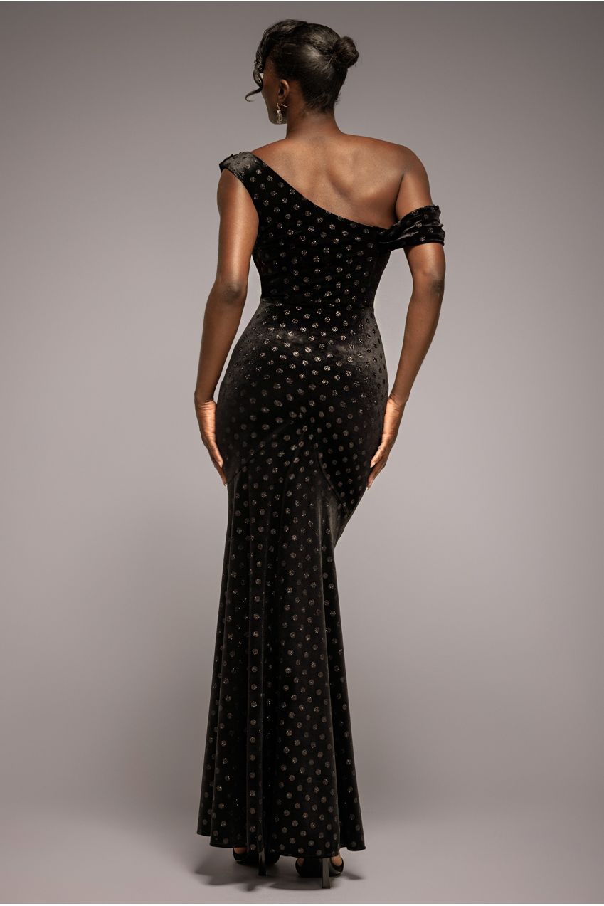 Goddiva Glitter Velvet Cowl Neck Off The Shoulder Maxi Dress - Black