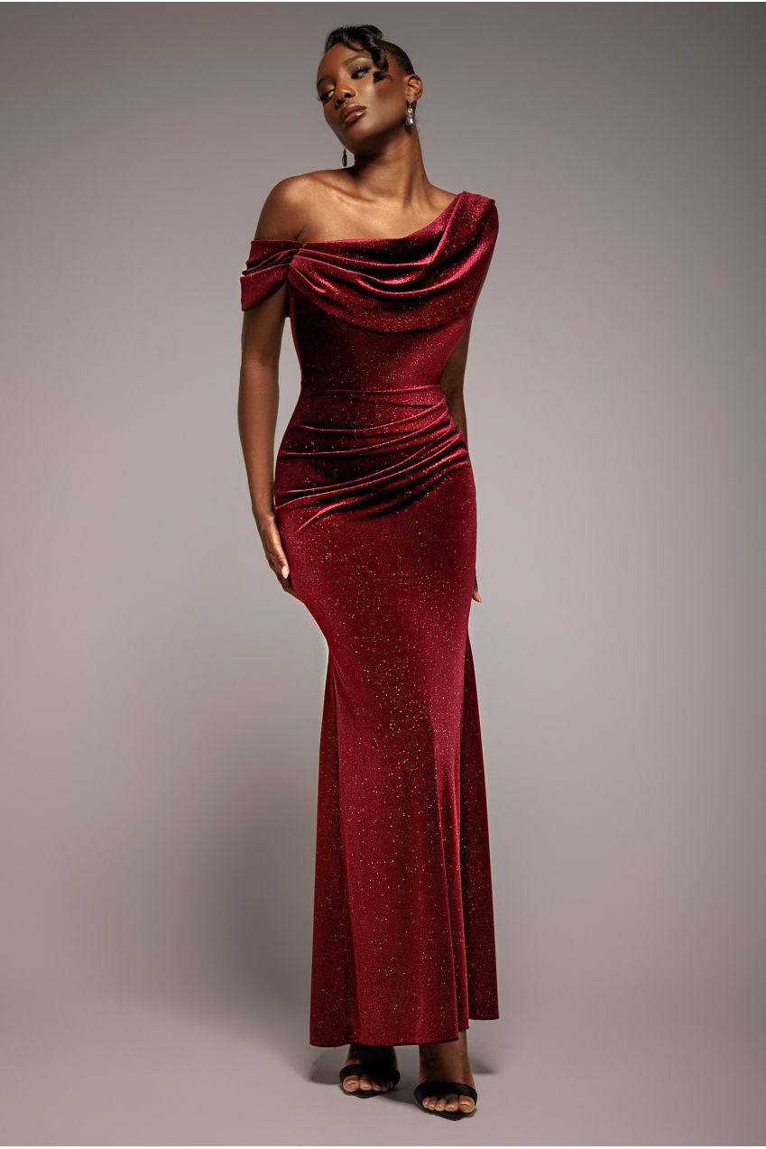 Goddiva Glitter Velvet Cowl Neck Off The Shoulder Maxi Dress - Wine