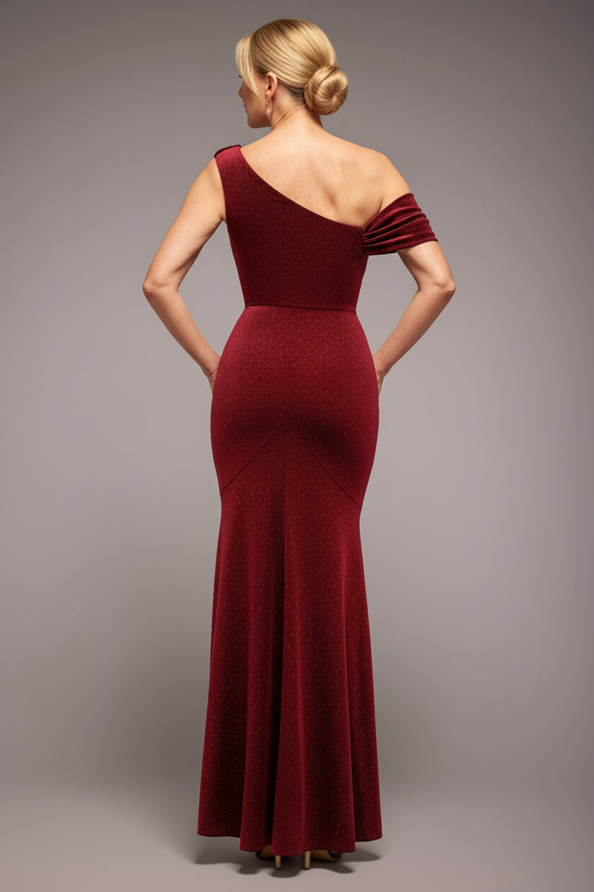 Goddiva Glitter Velvet Cowl Neck Off The Shoulder Maxi Dress - Wine