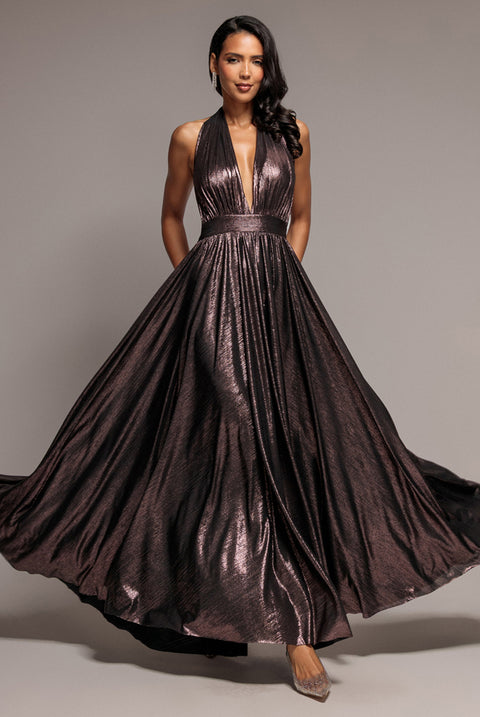 Goddiva Sunrise Foil Halterneck A-Line Maxi Dress - Bronze