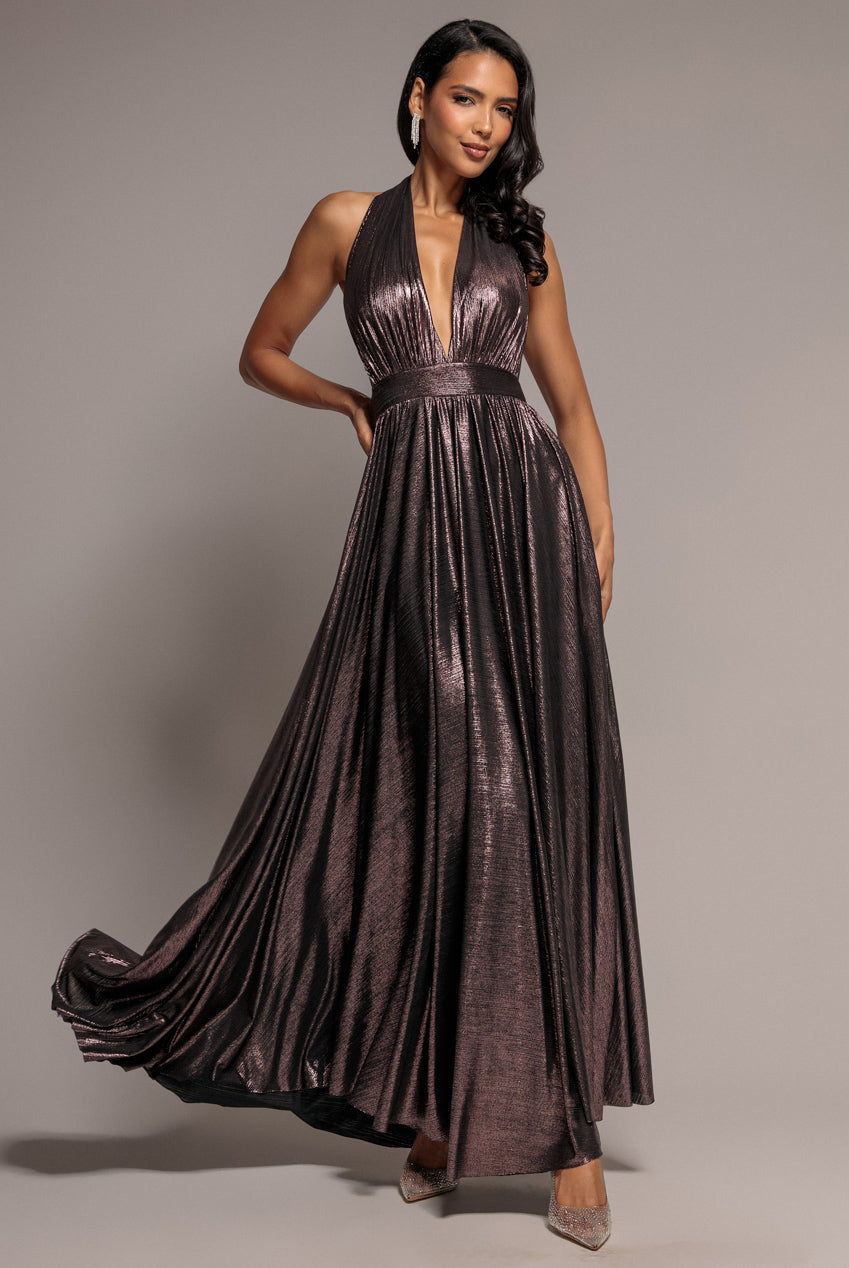 Goddiva Sunrise Foil Halterneck A-Line Maxi Dress - Bronze