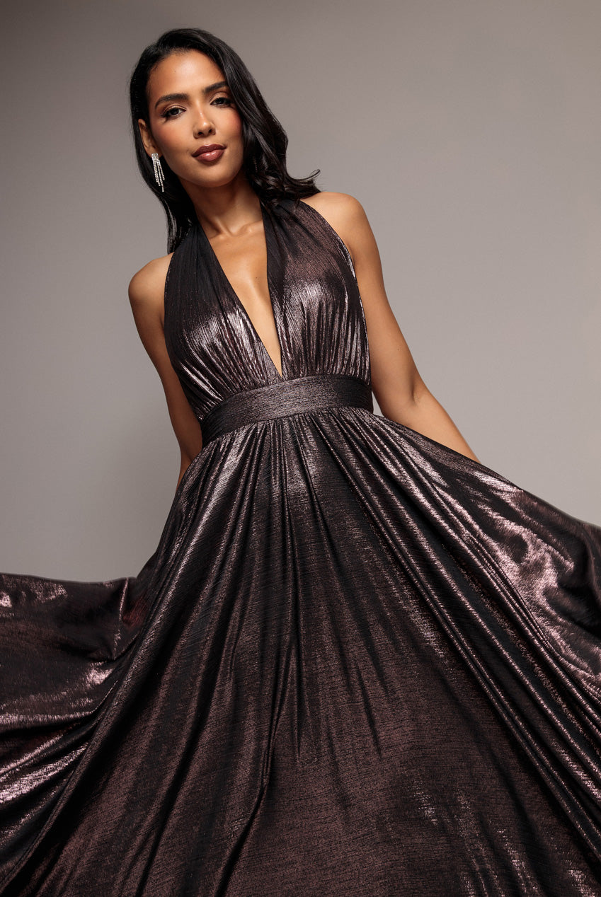 Goddiva Sunrise Foil Halterneck A-Line Maxi Dress - Bronze