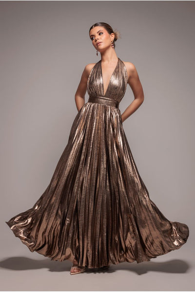 Bronze - Goddiva Sunrise Foil Halterneck A-Line Maxi Dress - Bronze