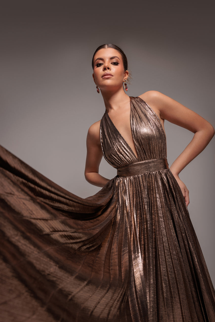 Goddiva Sunrise Foil Halterneck A-Line Maxi Dress - Bronze