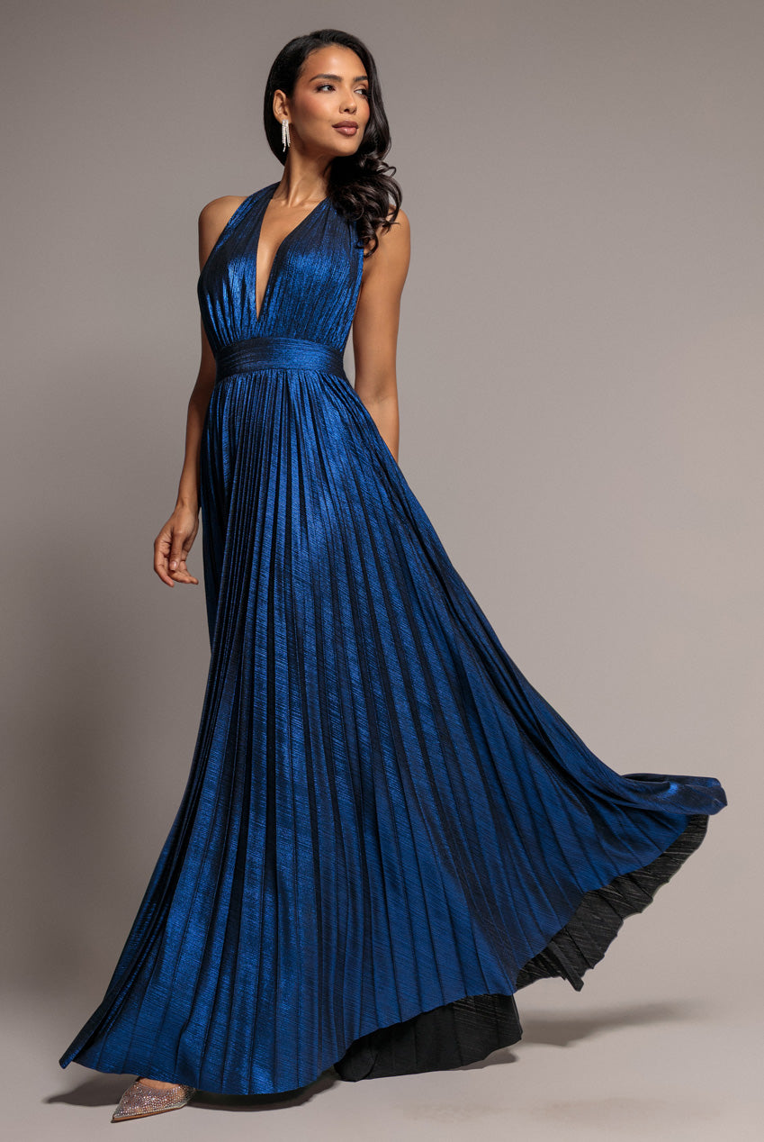 Goddiva Open Back Sunrise Foil Halterneck A Line Maxi Dress - Navy Blue
