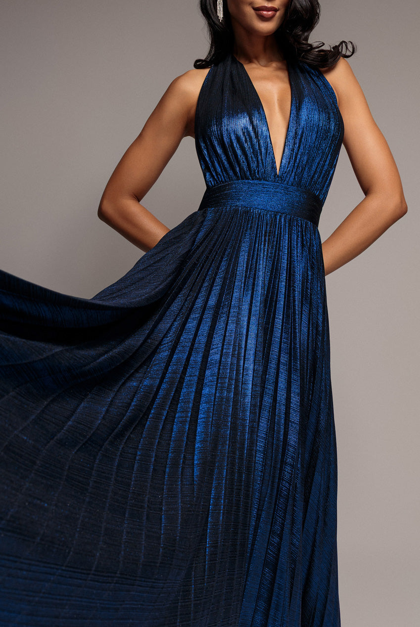 Goddiva Open Back Sunrise Foil Halterneck A Line Maxi Dress - Navy Blue