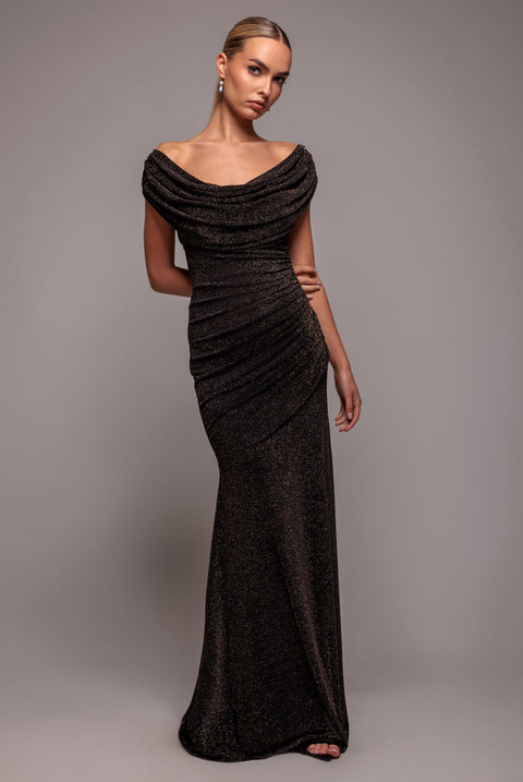 Goddiva Sparkle Lurex Cowl Neck Off The Shoulder Maxi Dress - Black Gold