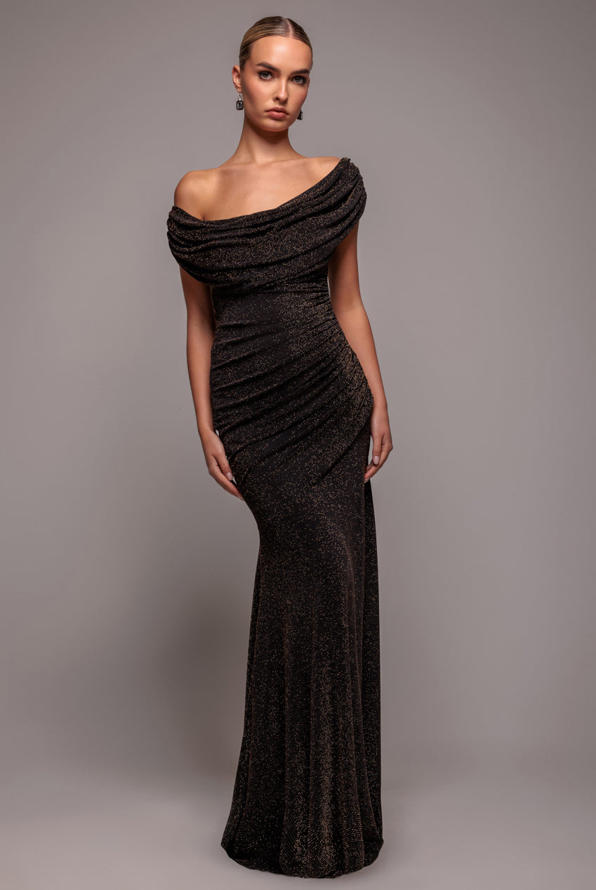 Goddiva Sparkle Lurex Cowl Neck Off The Shoulder Maxi Dress - Black Gold