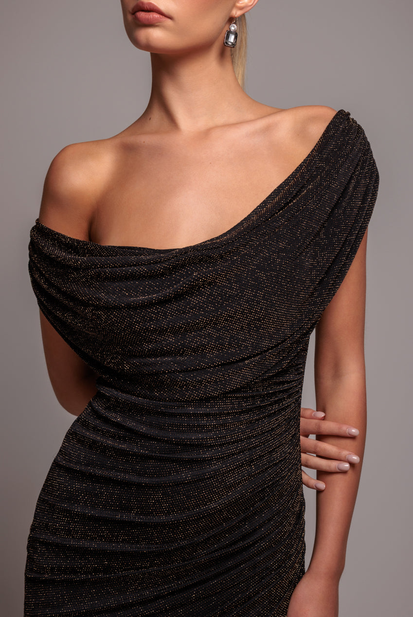 Goddiva Sparkle Lurex Cowl Neck Off The Shoulder Maxi Dress - Black Gold