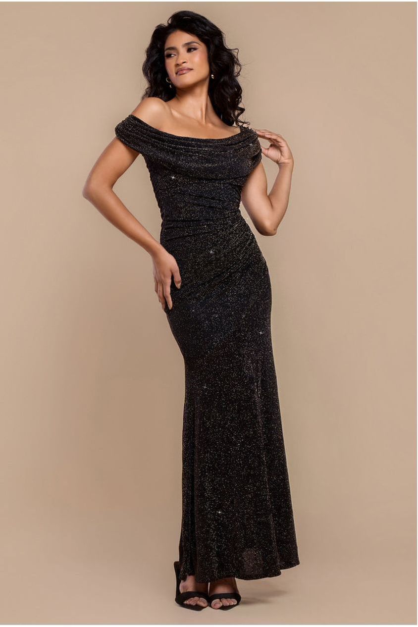 Goddiva Sparkle Lurex Cowl Neck Off The Shoulder Maxi Dress - Black Gold