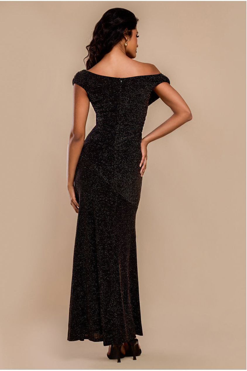 Goddiva Sparkle Lurex Cowl Neck Off The Shoulder Maxi Dress - Black Gold