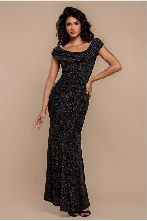 Goddiva Sparkle Lurex Cowl Neck Off The Shoulder Maxi Dress - Black Gold