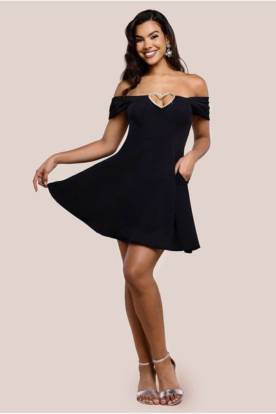 Black - Goddiva Diamante Heart Trim A-Line Mini Dress - Black
