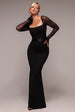 Goddiva Dobby Mesh Feather Sleeve Evening Maxi Dress - Black