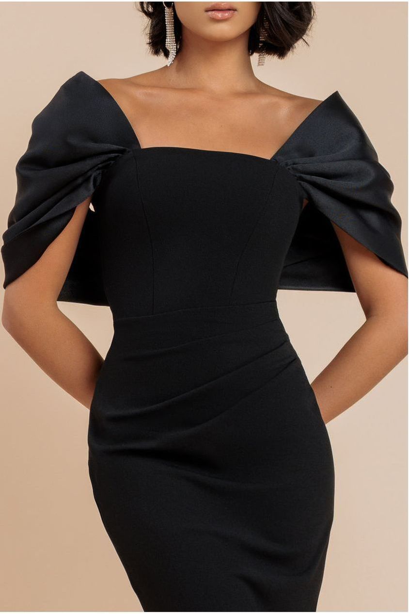 Goddiva Off Shoulder Back Satin Bow Scuba Maxi Dress - Black
