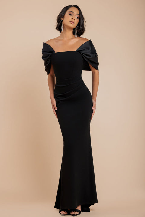 Goddiva Off Shoulder Back Satin Bow Scuba Maxi Dress - Black