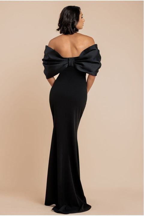 Goddiva Off Shoulder Back Satin Bow Scuba Maxi Dress - Black