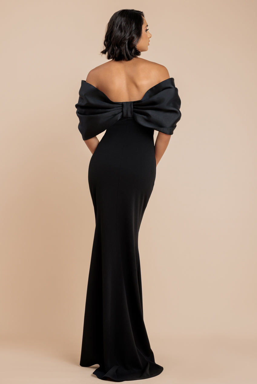 Goddiva Off Shoulder Back Satin Bow Scuba Maxi Dress - Black