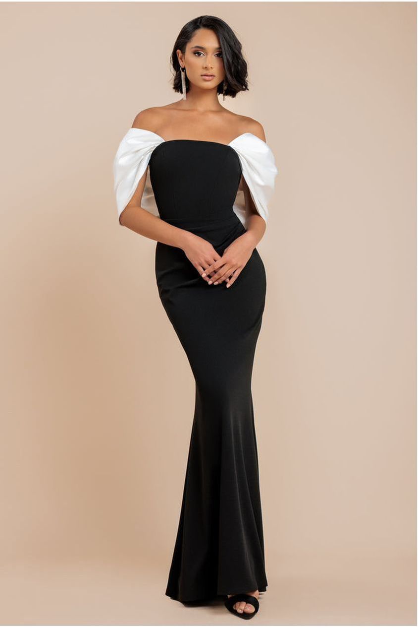 Goddiva Contrast Off Shoulder Back Satin Bow Scuba Maxi Dress - Black Cream
