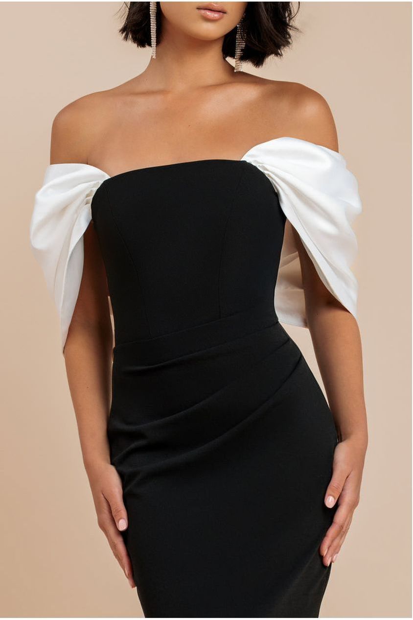 Goddiva Contrast Off Shoulder Back Satin Bow Scuba Maxi Dress - Black Cream