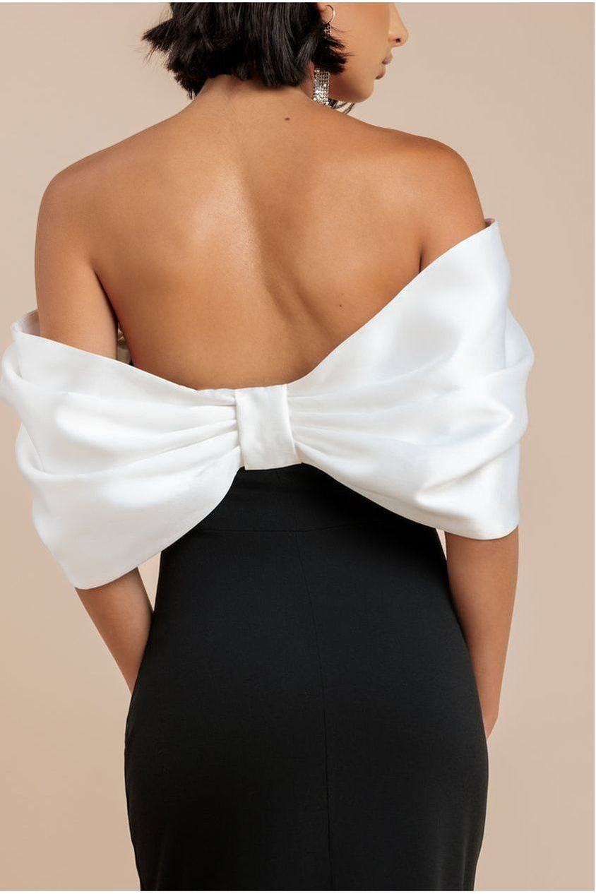 Goddiva Contrast Off Shoulder Back Satin Bow Scuba Maxi Dress - Black Cream