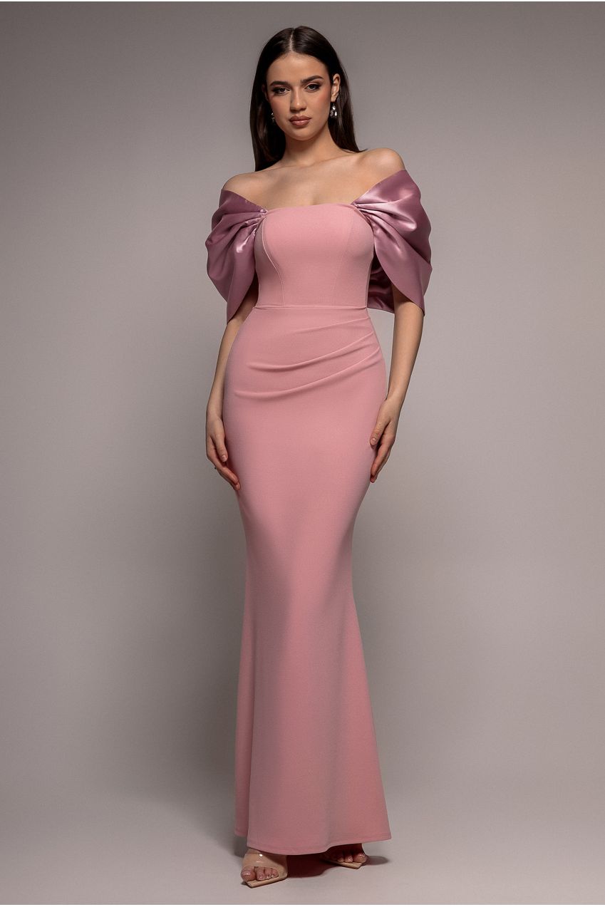 Goddiva Off Shoulder Back Satin Bow Scuba Maxi Dress  - Blush Pink