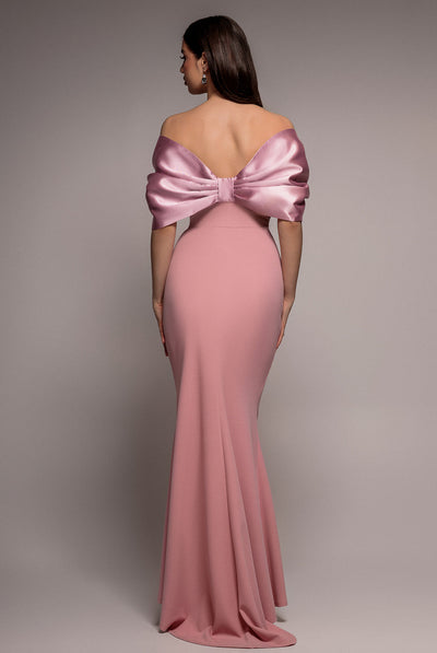 Blush - Goddiva Off Shoulder Back Satin Bow Scuba Maxi Dress  - Blush Pink