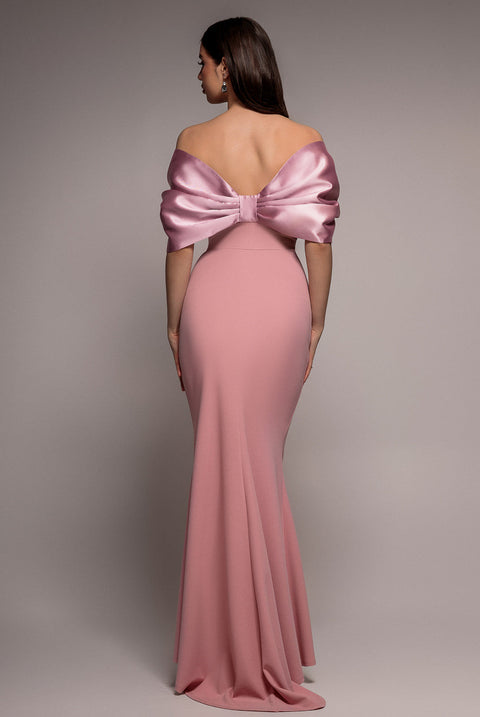 Goddiva Off Shoulder Back Satin Bow Scuba Maxi Dress  - Blush Pink