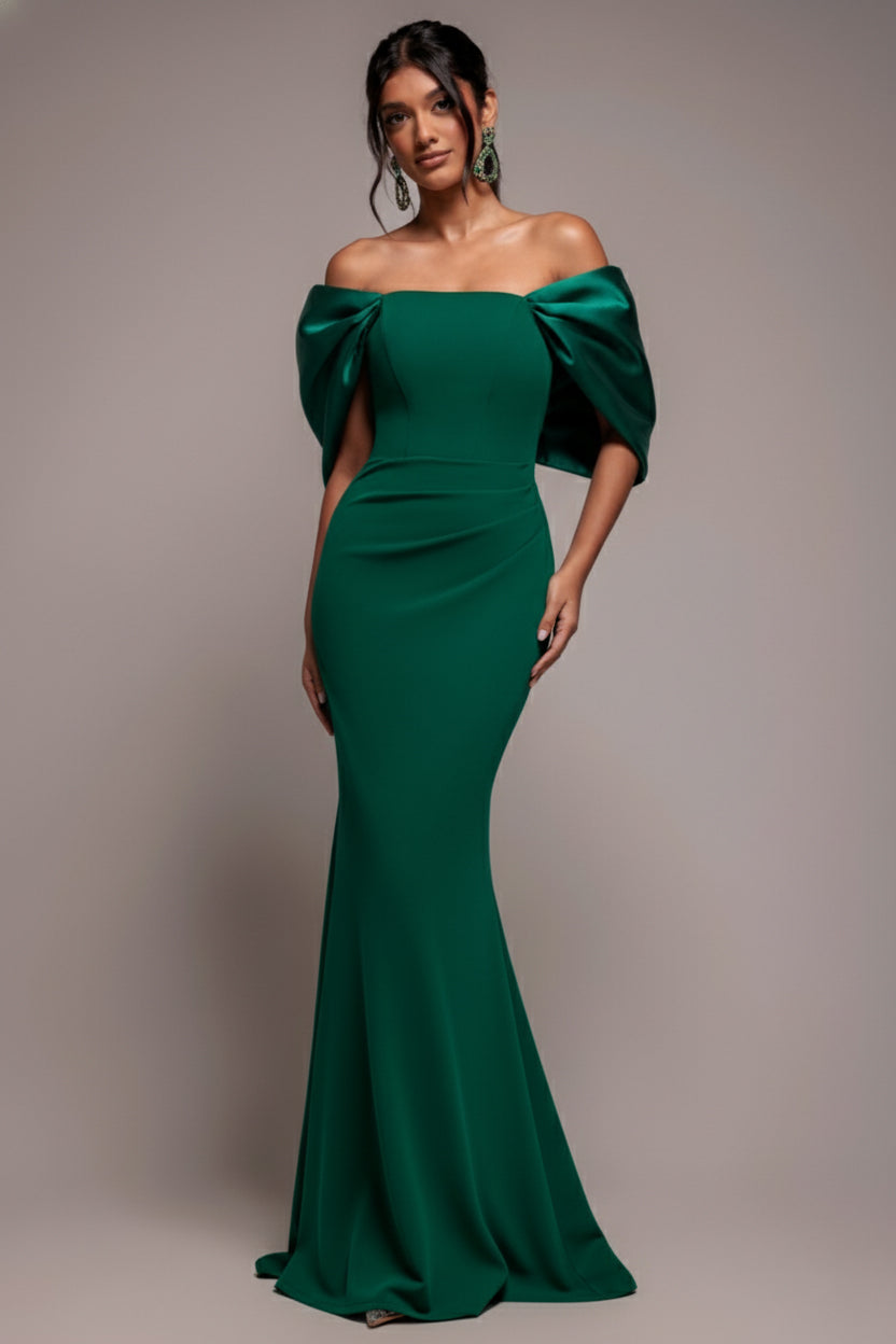 Goddiva Off Shoulder Back Satin Bow Scuba Maxi Dress - Emerald Green