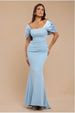 Goddiva Off Shoulder Back Satin Bow Scuba Maxi Dress - Light Blue
