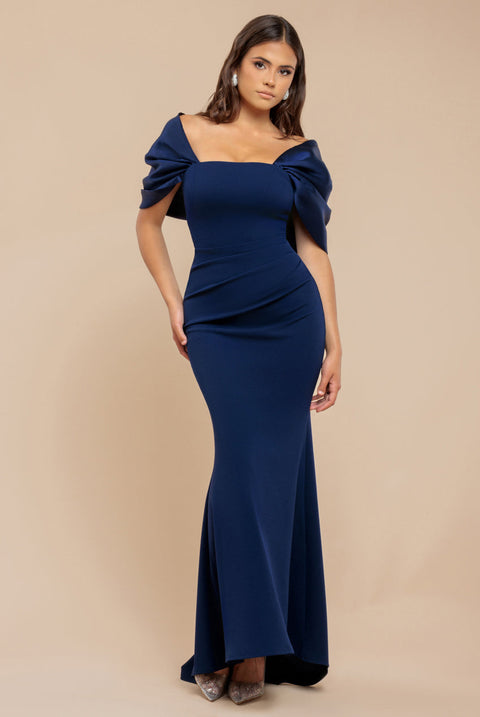 Goddiva Off Shoulder Back Satin Bow Scuba Maxi Dress - Navy Blue