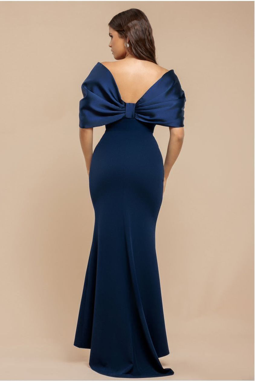 Goddiva Off Shoulder Back Satin Bow Scuba Maxi Dress - Navy Blue