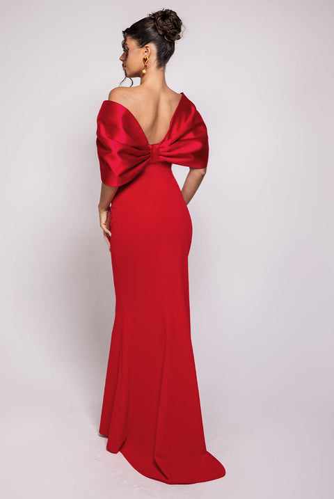 Goddiva Off Shoulder Back Satin Bow Scuba Maxi Dress - Red
