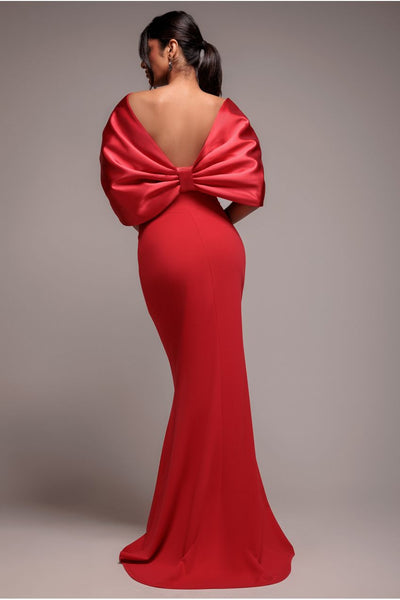 Goddiva Off Shoulder Back Satin Bow Scuba Maxi Dress