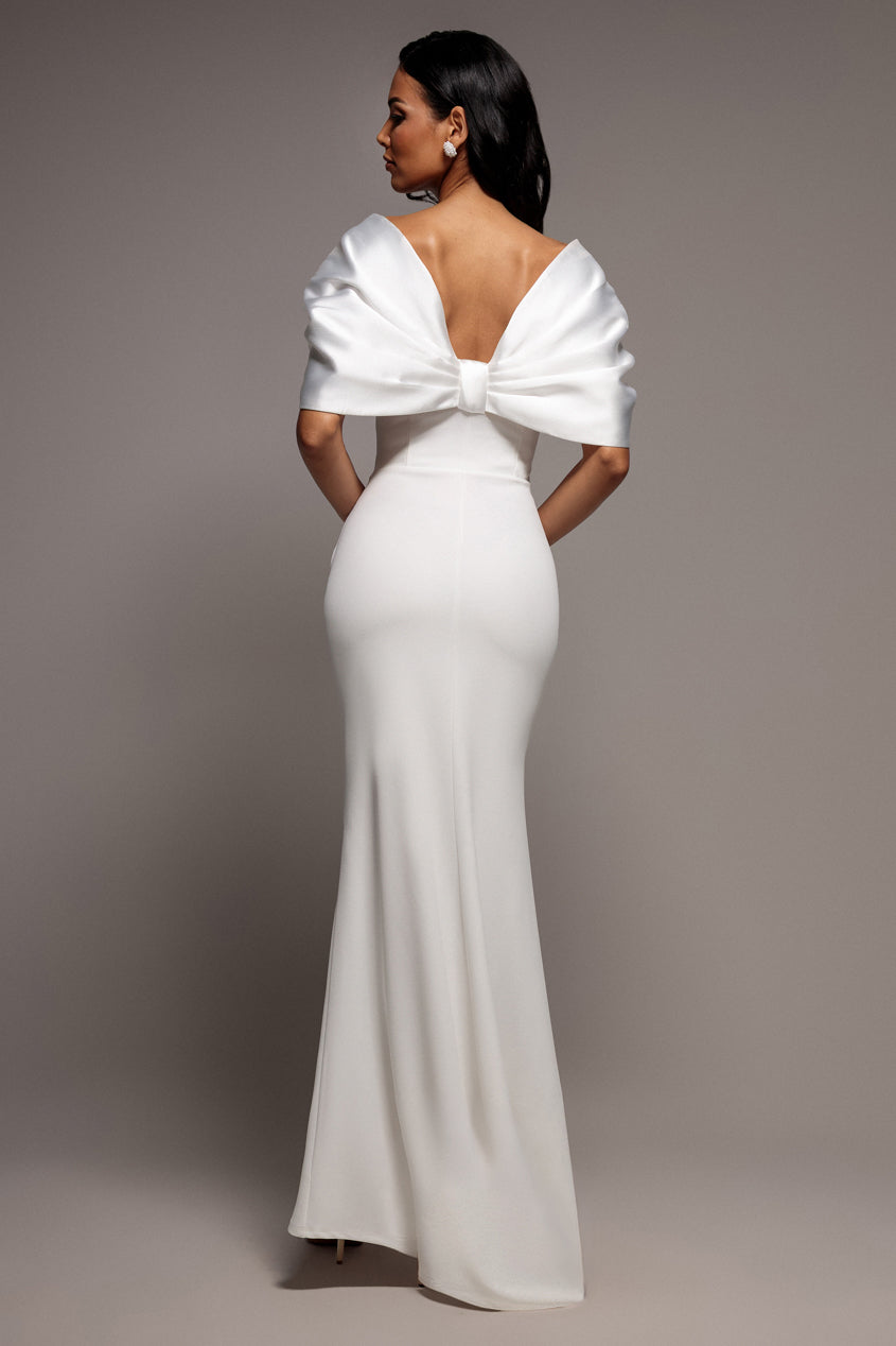 Goddiva Off Shoulder Back Satin Bow Scuba Maxi Dress - White