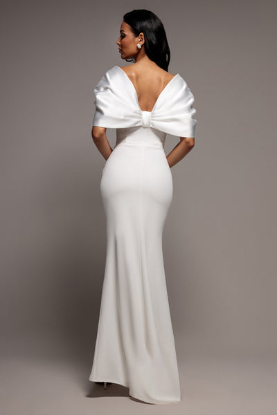 White - Goddiva Off Shoulder Back Satin Bow Scuba Maxi Dress - White