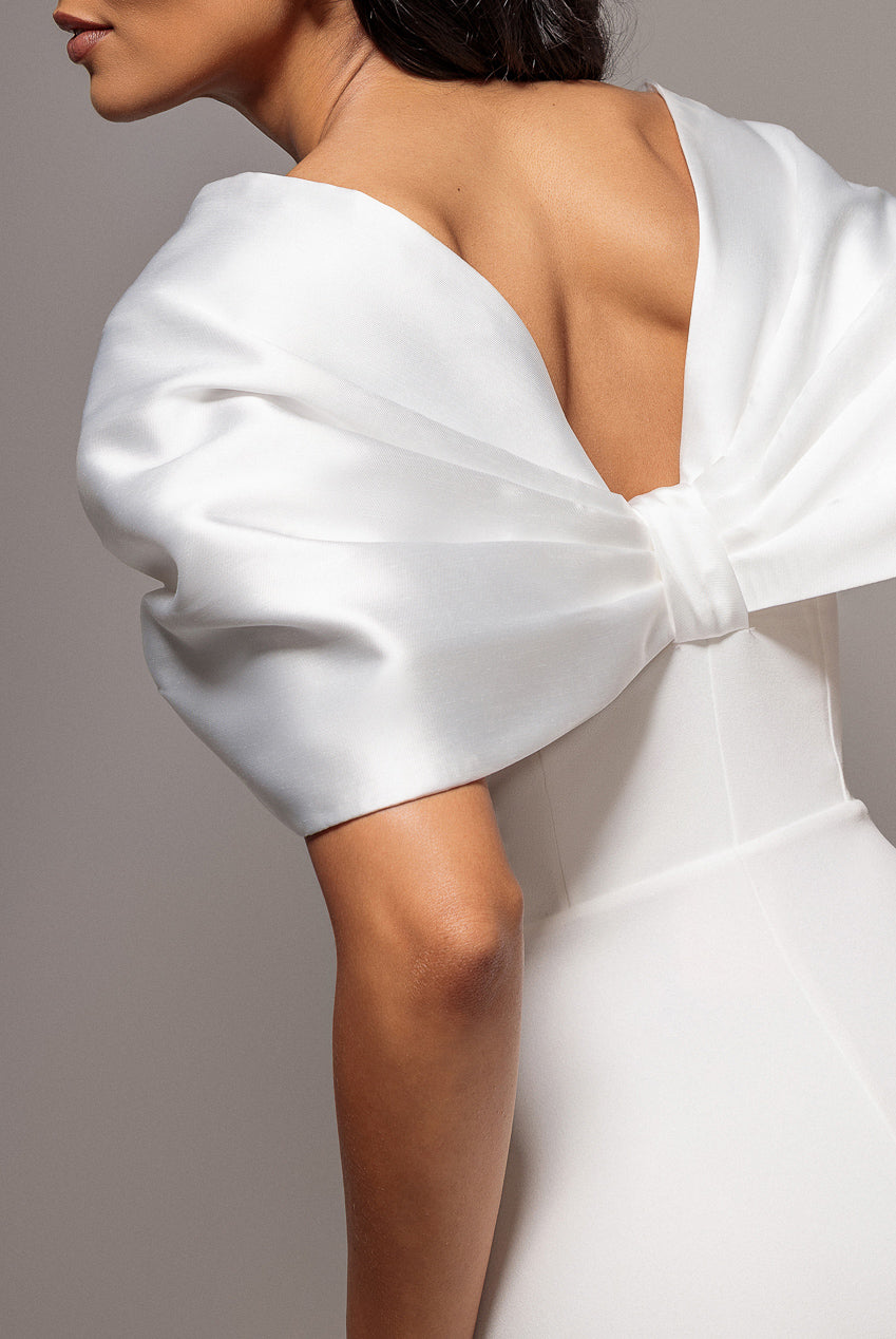 Goddiva Off Shoulder Back Satin Bow Scuba Maxi Dress - White