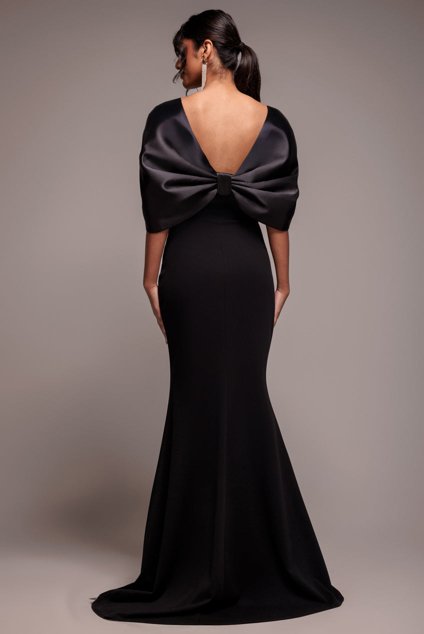 Goddiva Off Shoulder Back Satin Bow Scuba Maxi Dress - Black